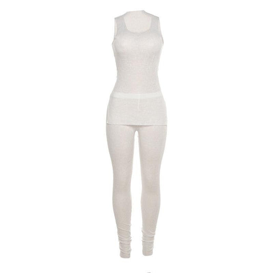 Summer Women's Sleeveless Split T-Shirt & See-Through Trousers Set - ForVanity pant outfit, women's clothing, women's outfits Pants Outfits