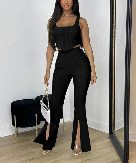 Elegant Sleeveless Vest Split Trousers Summer Casual Outfit with Boning Detail - ForVanity pant outfit, women's outfits Pants Outfits