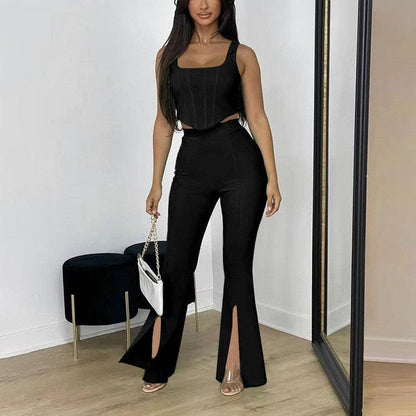 Elegant Sleeveless Vest Split Trousers Summer Casual Outfit with Boning Detail - ForVanity pant outfit, women's outfits Pants Outfits