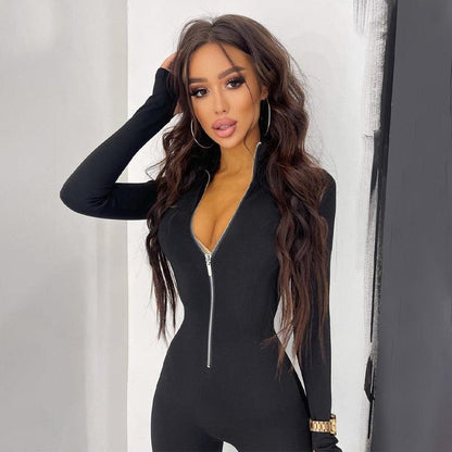 Sexy Solid Color Slim Long Sleeve Jumpsuit with Stand Collar - ForVanity jumpsuits, Jumpsuits & Rompers, women's clothing Jumpsuits