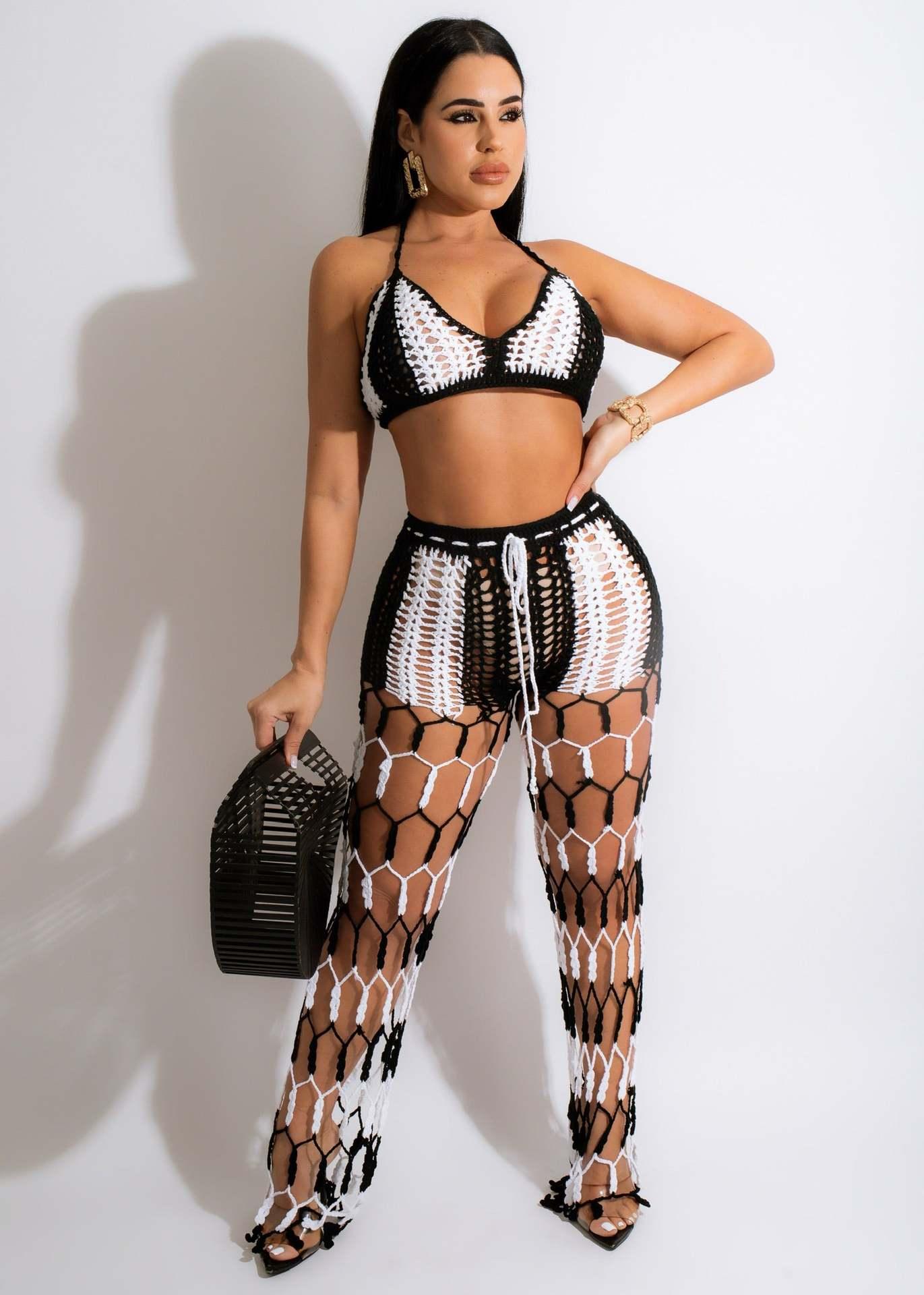 Alluring Fishnet Beach Two-Piece Set - Boho Chic Meets Sexy Elegance - ForVanity pant outfit, women's outfits Pants Outfits