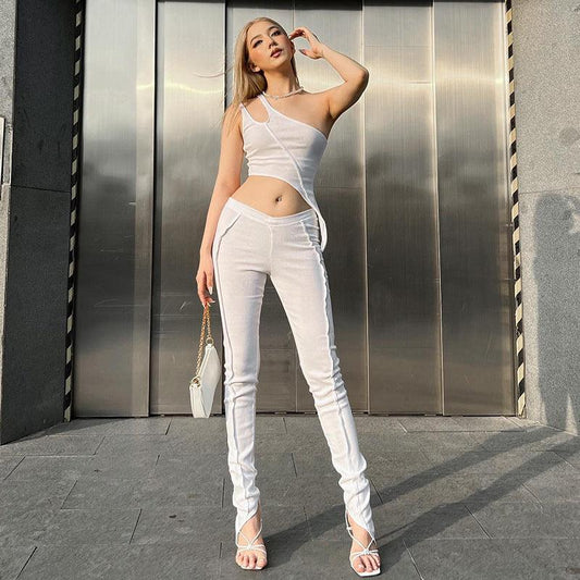 Sexy Sleeveless One Shoulder Top High Waist Bag Hip Pin Trousers Outfit - ForVanity pant outfit, women's outfits Pants Outfits