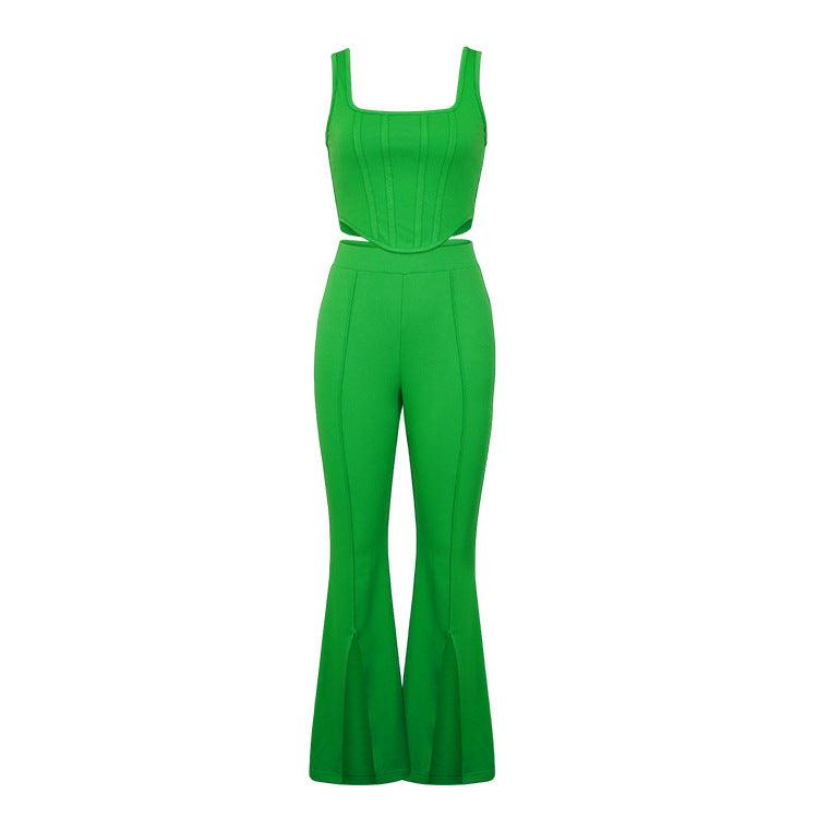 Elegant Sleeveless Vest Split Trousers Summer Casual Outfit with Boning Detail - ForVanity pant outfit, women's outfits Pants Outfits