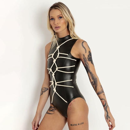Lace-Up Faux Leather Tight Bodysuit - Women's Sexy Fashion - ForVanity bodysuits, women's clothing Bodysuit