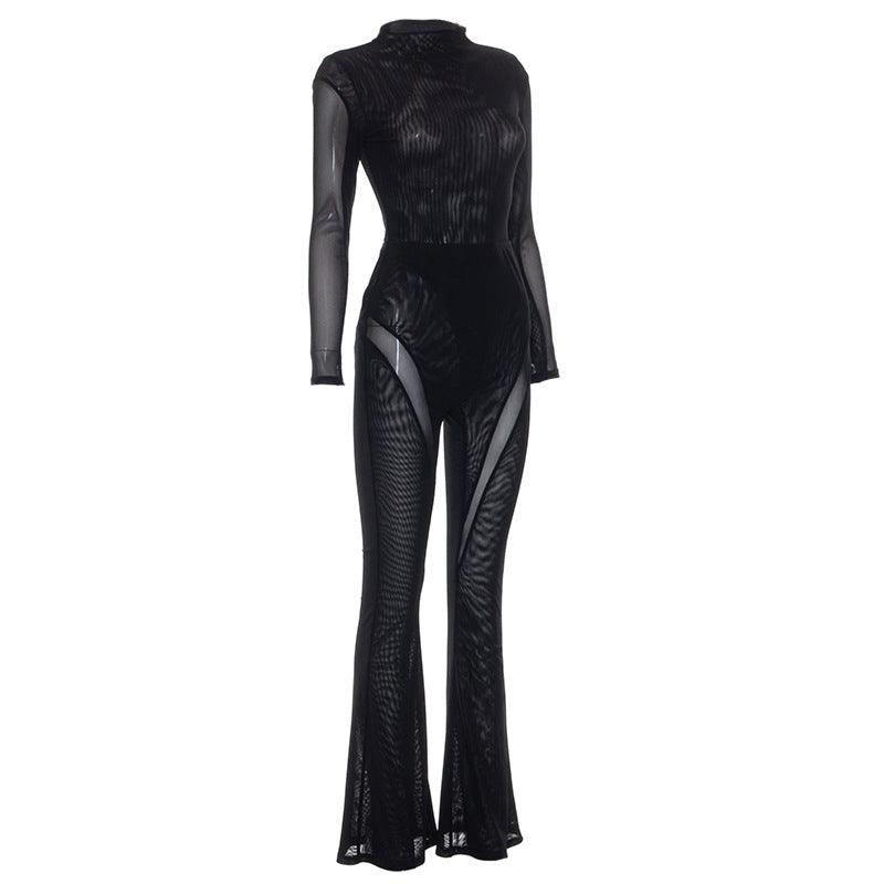 Sexy Mesh Long Sleeve Jumpsuit with Lace Detail and Mock Neck - ForVanity jumpsuits, Jumpsuits & Rompers, women's clothing Jumpsuits