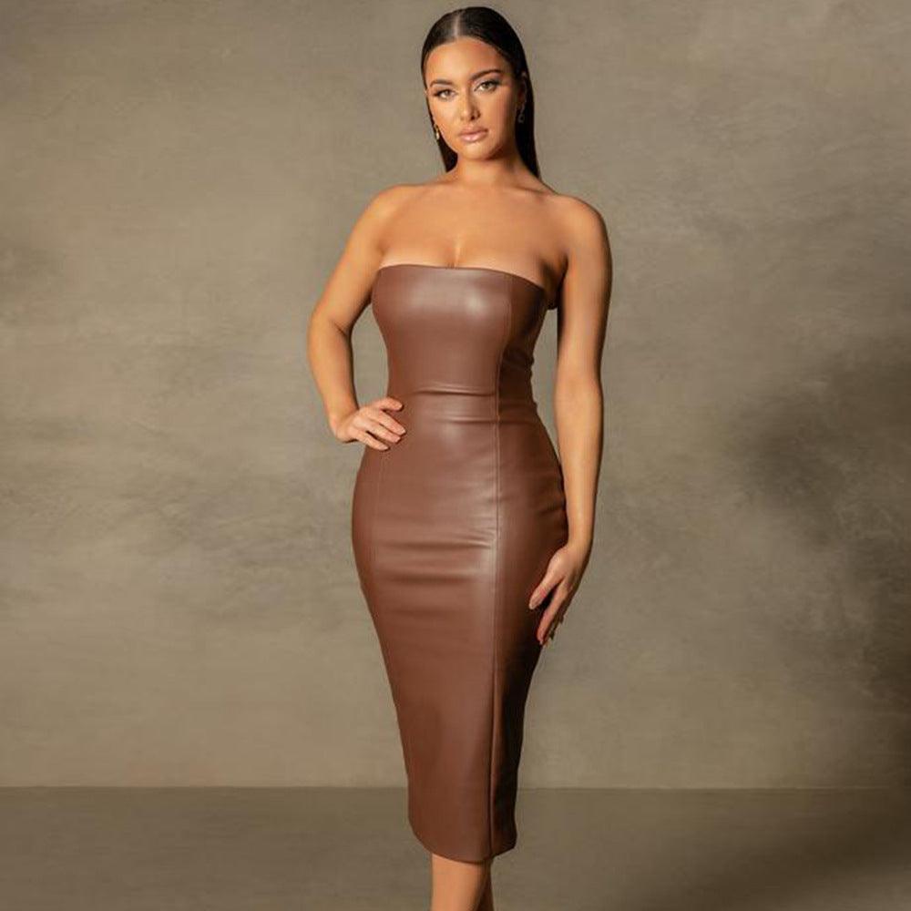 Sensual Faux Leather Slim-Fit Midi Dress - Perfect for a Night Out - ForVanity dress, leather, Leather Dress Leather Dress