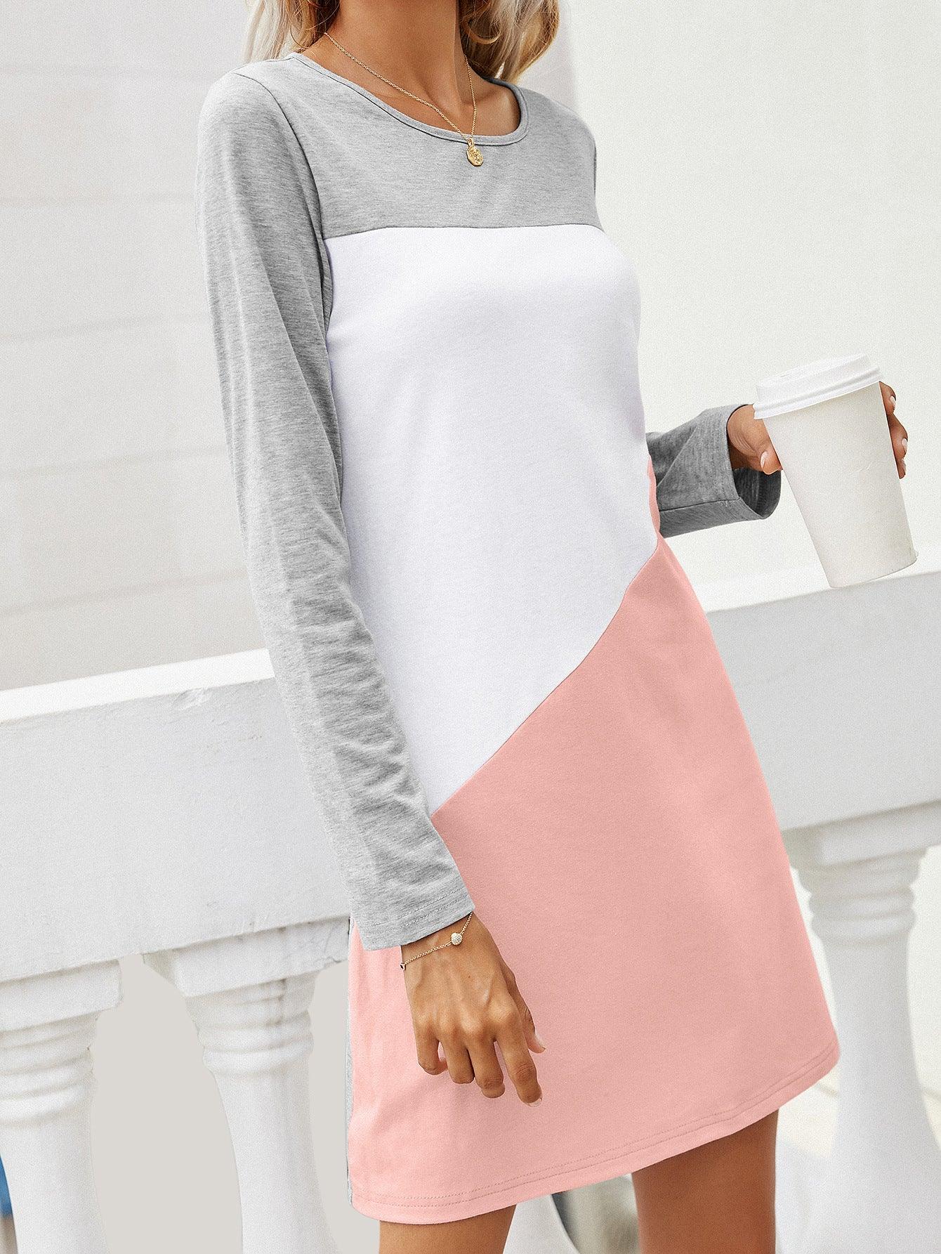 Casual Color Block Stitching Dress - Slim Fit with Round Neck - ForVanity casual dress, dress Casual Dress