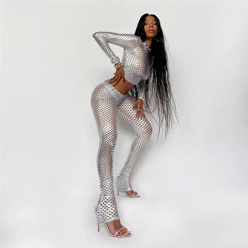 Nightclub Seductive Fishnet Top & Tight Trousers Two-Piece Set - ForVanity pant outfit, party, women's outfits Pants Outfits