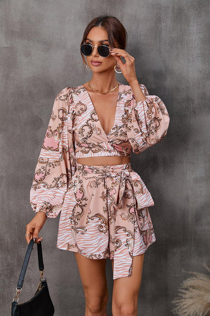 Tropical Printing Long Sleeve Outfit for Women - Loose Fit with Belted Waist - ForVanity short outfit, women's outfits Shorts Outfits