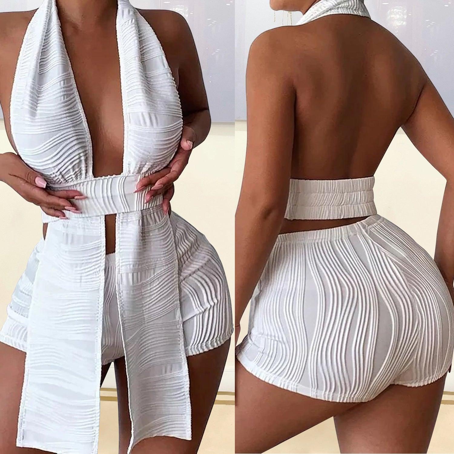 Chic Geometric Pleated Backless Two-Piece Set - Sizzling Summer Style - ForVanity short outfit, women's outfits Shorts Outfits