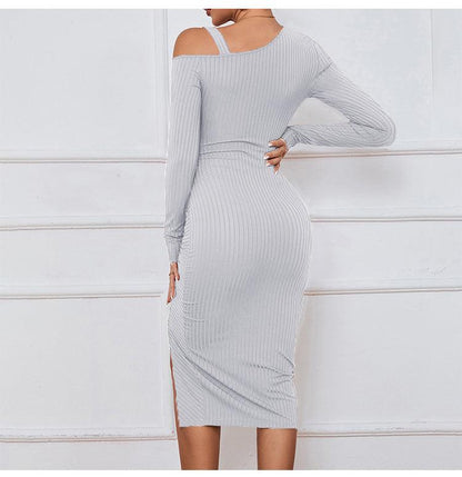Elegant One-Shoulder Ruched Midi Dress: Sexy, Slimming, and Chic - ForVanity dress, party, Sweater Dress Knitted Dresses