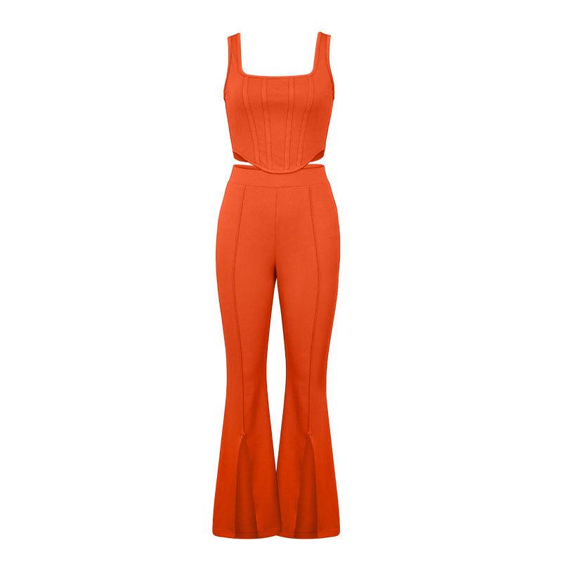 Elegant Sleeveless Vest Split Trousers Summer Casual Outfit with Boning Detail - ForVanity pant outfit, women's outfits Pants Outfits