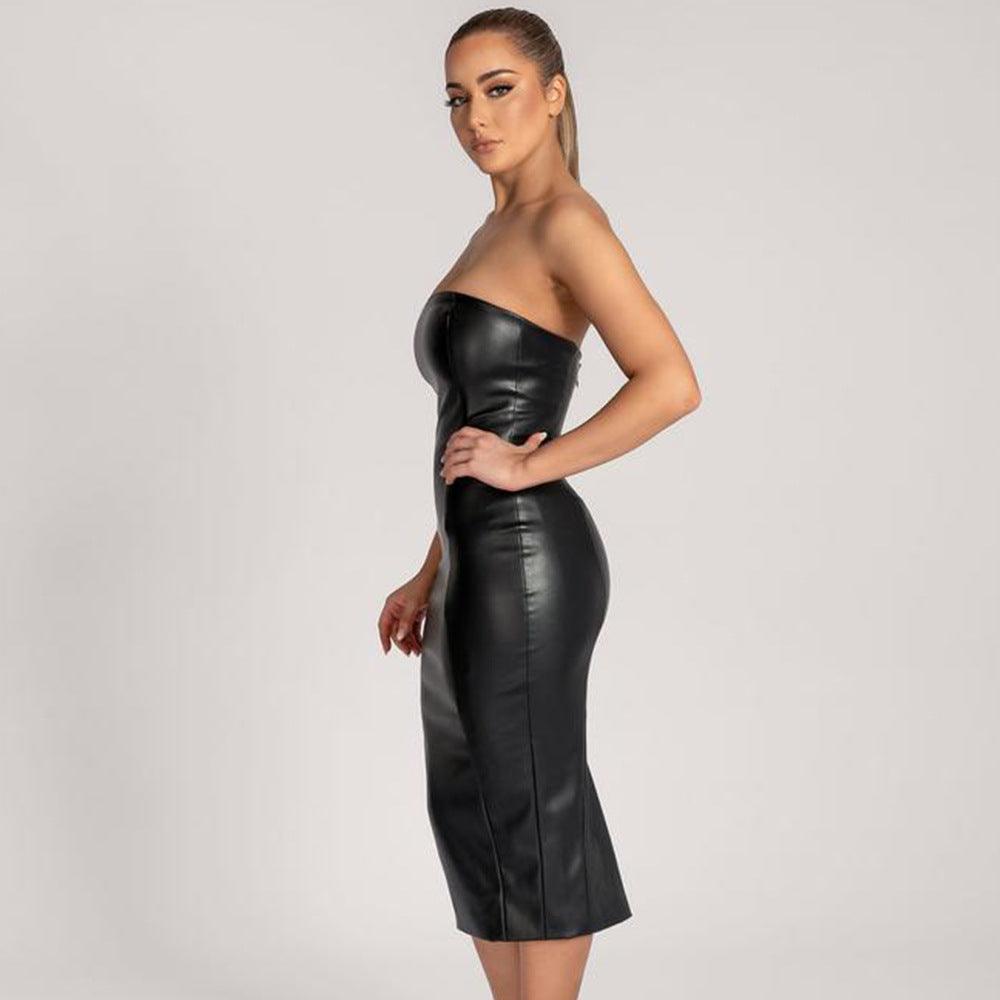 Sensual Faux Leather Slim-Fit Midi Dress - Perfect for a Night Out - ForVanity dress, leather, Leather Dress Leather Dress