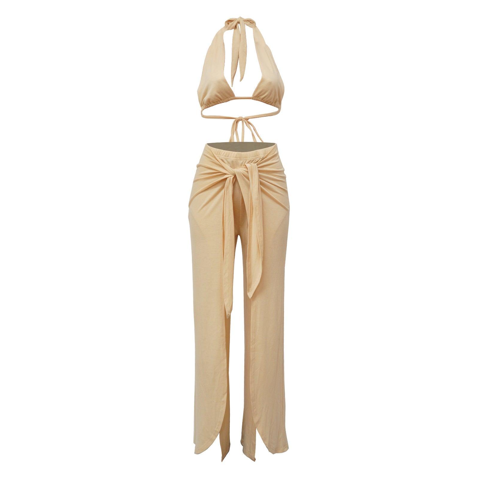 Sexy Halter Solid Color Two-Piece Outfit with Belted Detail for Summer - ForVanity pant outfit, women's outfits Pants Outfits