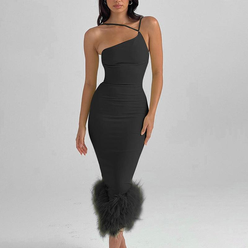 Sexy and Elegant One Shoulder High Low Dress with Fur Swing Detail - ForVanity cocktail dress, dress, formal dress, party, party dress Formal Dress