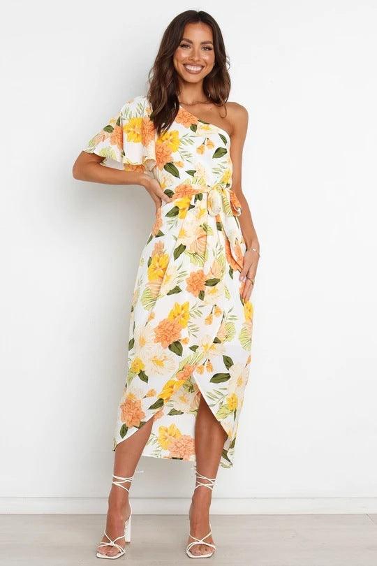 Chic and Flattering Asymmetric Floral Maxi Dress with Tie Detail for Summer - ForVanity dress, Summer, Vacation Dress Vacation Dress