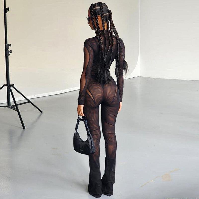 Sexy Mesh Long Sleeve Jumpsuit with Lace Detail and Mock Neck - ForVanity jumpsuits, Jumpsuits & Rompers, women's clothing Jumpsuits