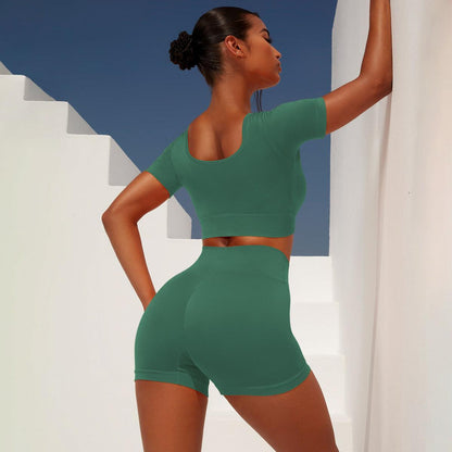 Sexy Seamless Tight Short Sleeve Shorts Yoga Suit - ForVanity Sports Sets