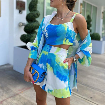 Trendy Tie-Dye Three-Piece Set for Women - ForVanity short outfit, women's outfits Shorts Outfits