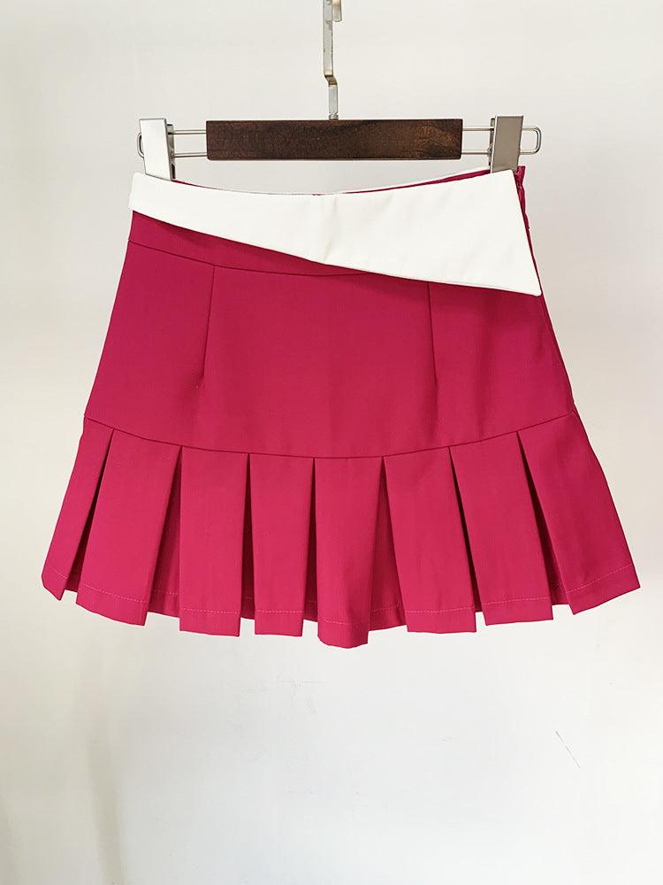 Elegant Color-Block Matching Suit: Cropped Short Coat & Pleated Ultra Short Skirt - ForVanity skirt suit, women's clothing, women's suits Skirt Suits