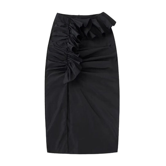 Elegant Ruched and Ruffled High Waist Midi Skirt - ForVanity skirts, women's clothing Skirt