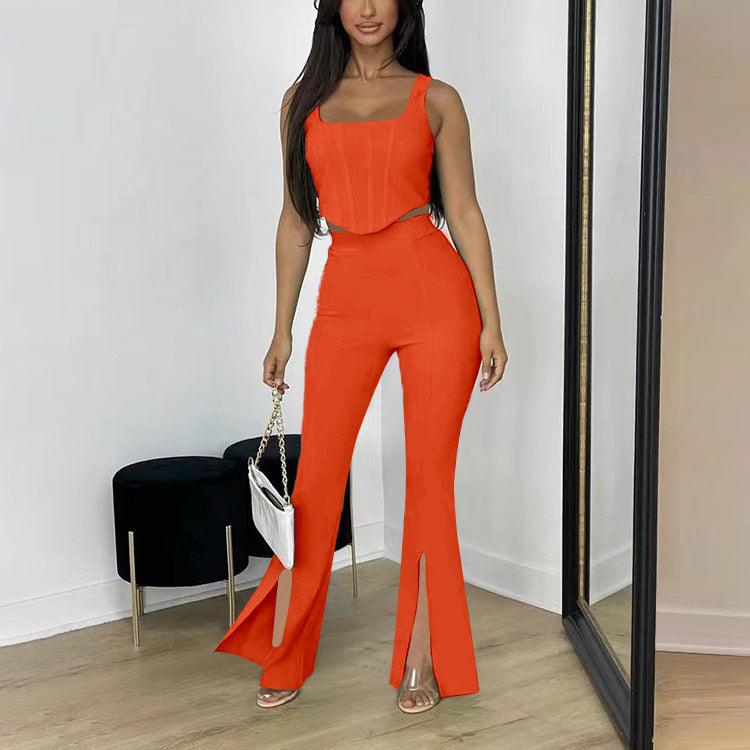 Elegant Sleeveless Vest Split Trousers Summer Casual Outfit with Boning Detail - ForVanity pant outfit, women's outfits Pants Outfits