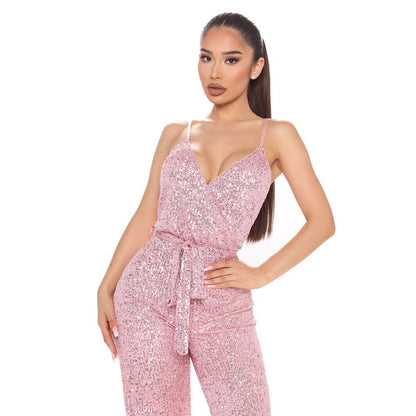 Sexy Sleeveless Backless Slim Fit Jumpsuit with Sequin Detail and Belted Waist - ForVanity jumpsuits, Jumpsuits & Rompers, women's clothing Jumpsuits