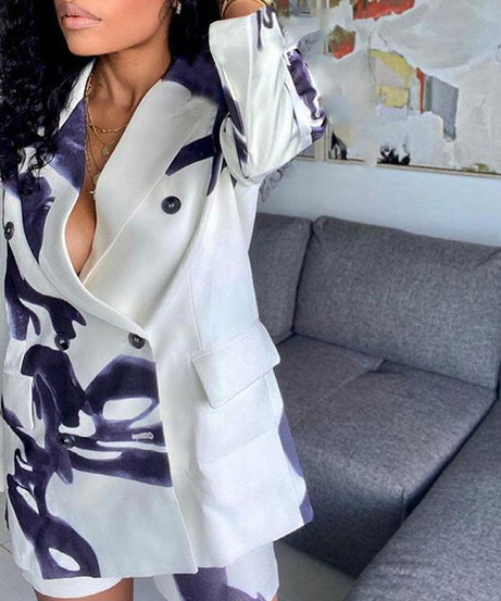 Women’s Printed Loose Blazer & Shorts Two-Piece Set - Office Style - ForVanity pant suit, women's clothing, women's outfits, women's suits Pant Suits