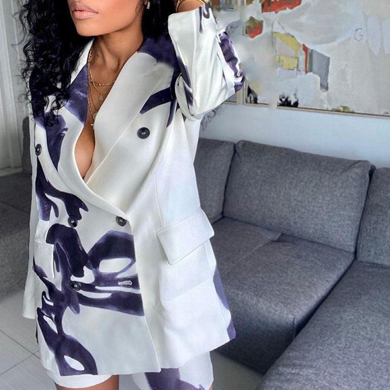 Women’s Printed Loose Blazer & Shorts Two-Piece Set - Office Style - ForVanity pant suit, women's clothing, women's outfits, women's suits Pant Suits