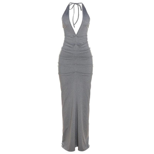 Elegant Pleated Summer Maxi Dress - Deep V-Neck, Backless, Solid Color - ForVanity dress, long dress, Summer Maxi Dress