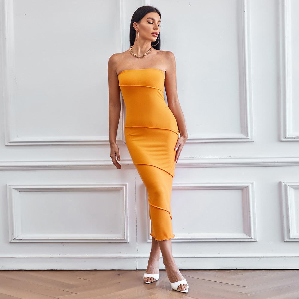 Sexy Tube Top Hip Solid Color Midi Dress - ForVanity dress, formal dress Formal Dress