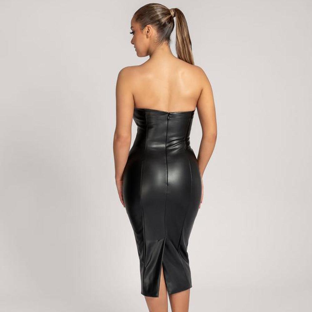 Faux Leather Slim-Fit Midi Dress - Perfect for a Night Out - ForVanity dress, leather, Leather Dress Leather Dress