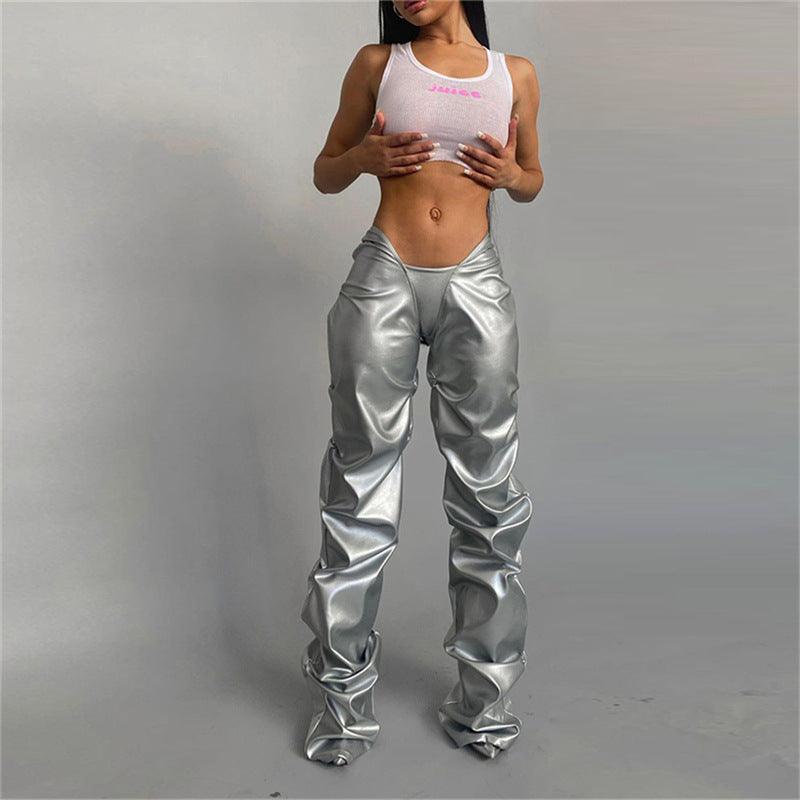 Low Waist Pleated Poly Urethane Leather Pants for Women - ForVanity pants & capris, women's clothing Pants