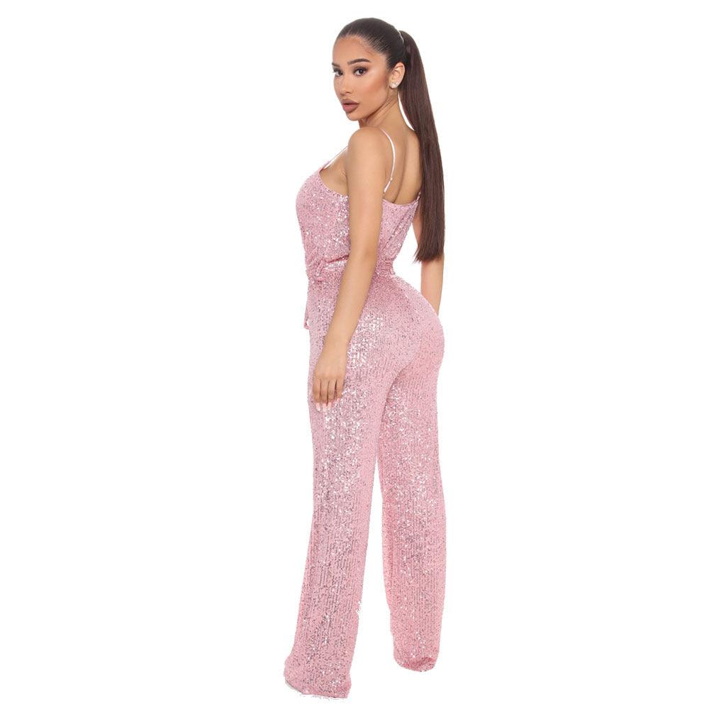 Sexy Sleeveless Backless Slim Fit Jumpsuit with Sequin Detail and Belted Waist - ForVanity jumpsuits, Jumpsuits & Rompers, women's clothing Jumpsuits