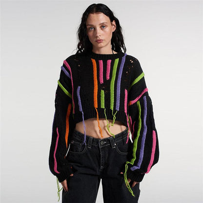 Casual Color-Block Knitwear Sweater with Tassel Detailing for a Wild and Stylish Look - ForVanity hoodies & sweatshirts, women's clothing, women's knitwear Knitted