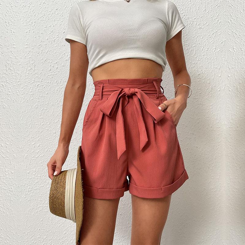 Women's Summer Casual Red High Waist Shorts with Belt - ForVanity shorts, women's clothing Shorts