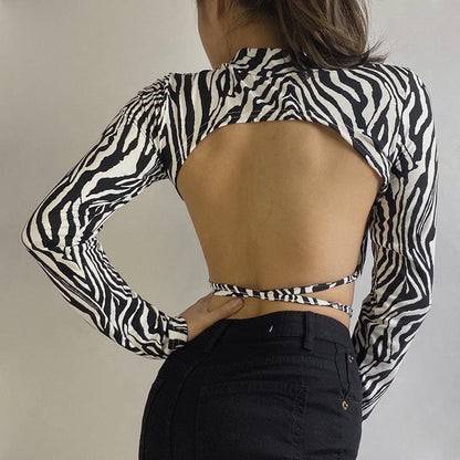 Slim Fit Sexy Animal Print Cutout Lace-Up Cropped Top - ForVanity tops & tees, women's clothing Shirts & Tops