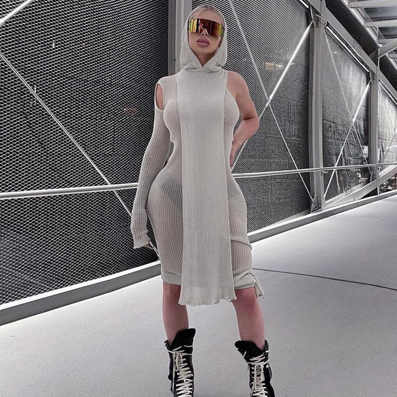 See-through Irregular Asymmetric Shoulder Hooded Dress: Bold and Alluring - ForVanity dress, Sweater Dress Sweater Dress