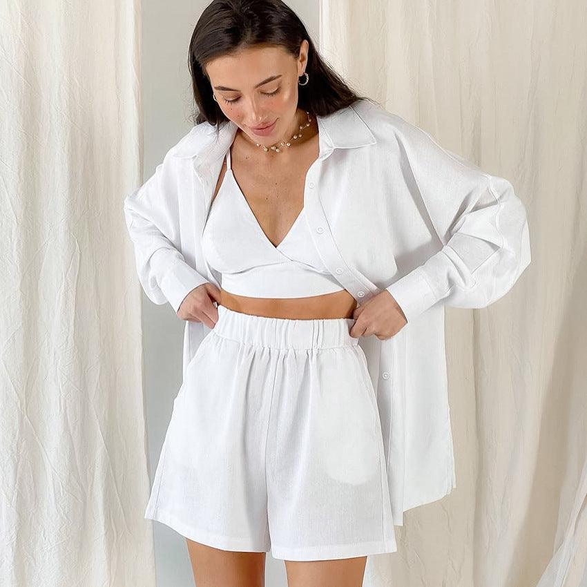 Stay Stylish with Our Cotton Linen Three-Piece Lounge Set for Women - ForVanity loungewear, women's clothing Loungewear