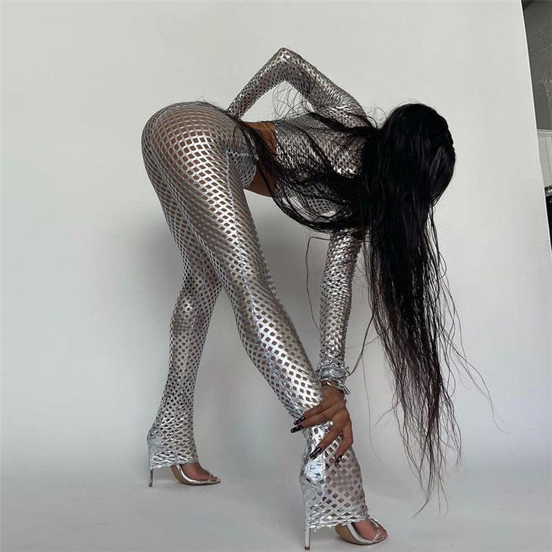 Nightclub Seductive Fishnet Top & Tight Trousers Two-Piece Set - ForVanity pant outfit, party, women's outfits Pants Outfits