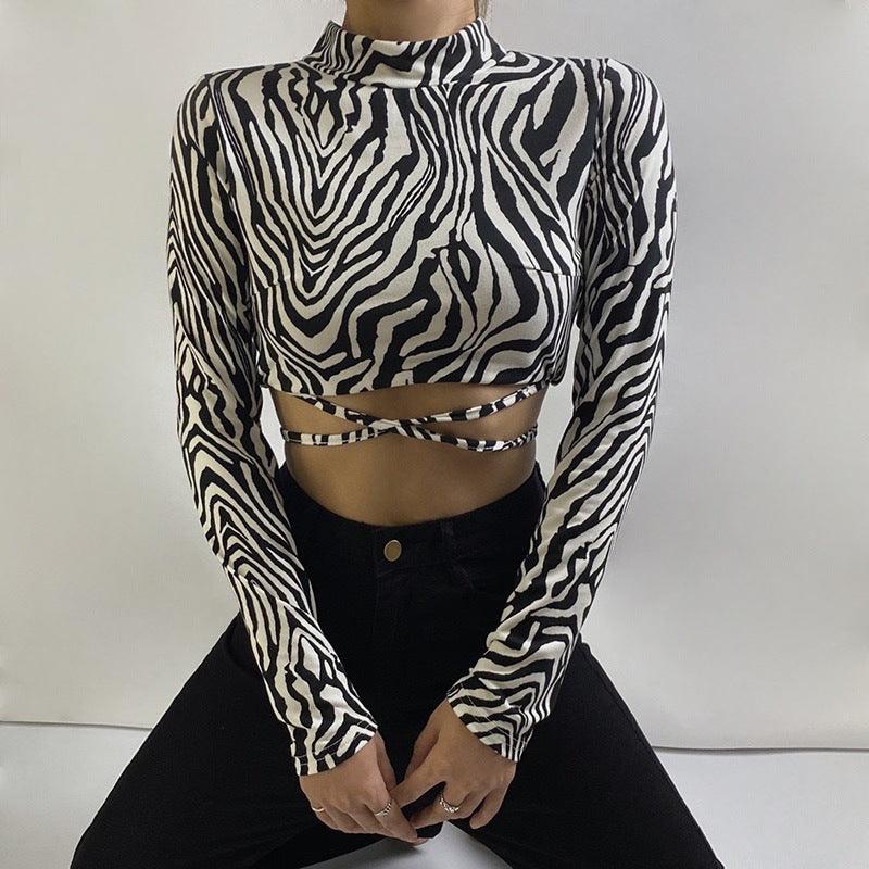 Slim Fit Sexy Animal Print Cutout Lace-Up Cropped Top - ForVanity tops & tees, women's clothing Shirts & Tops
