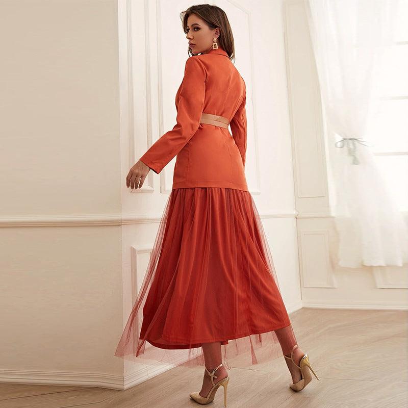 Elegant Solid Color Tulle Skirt Suit with Belt Detail for Women - ForVanity skirt suit, women's clothing, women's suits Skirt Suits