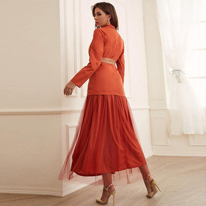 Elegant Solid Color Tulle Skirt Suit with Belt Detail for Women - ForVanity skirt suit, women's clothing, women's suits Skirt Suits