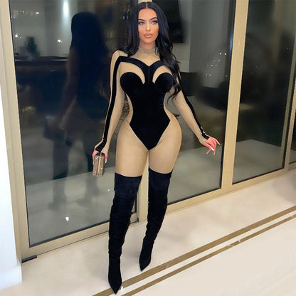 Sexy See-Through Velvet Tight Slimming Sheath Jumpsuit - Long Sleeve, Full Length - ForVanity jumpsuits, Jumpsuits & Rompers, women's clothing Jumpsuits