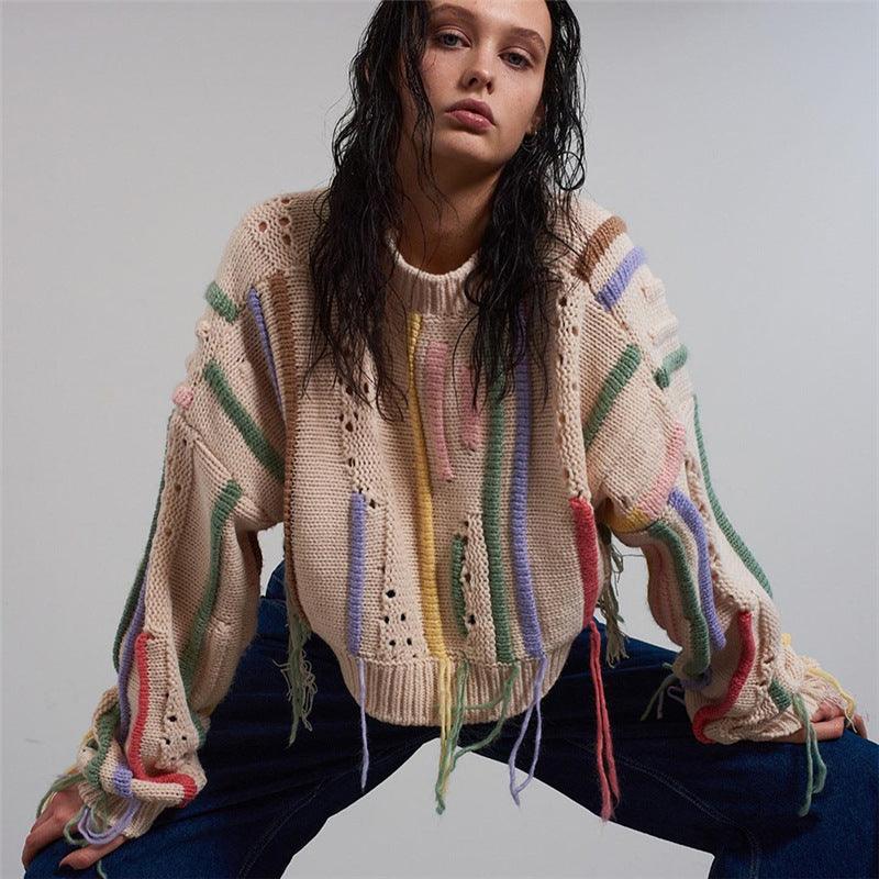 Casual Color-Block Knitwear Sweater with Tassel Detailing for a Wild and Stylish Look - ForVanity hoodies & sweatshirts, women's clothing, women's knitwear Knitted