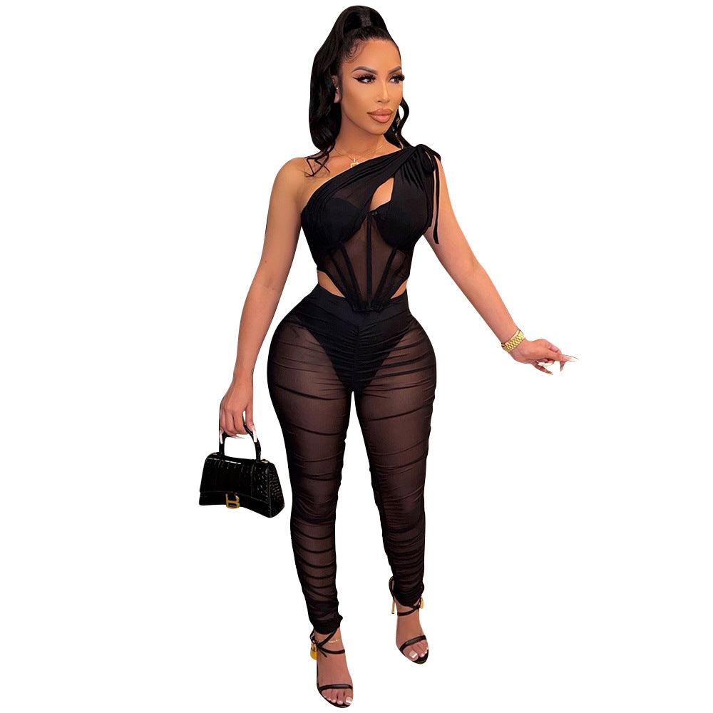 Sexy See-Through Irregular Asymmetric Top Two-Piece Set - ForVanity pant outfit, women's outfits Pants Outfits