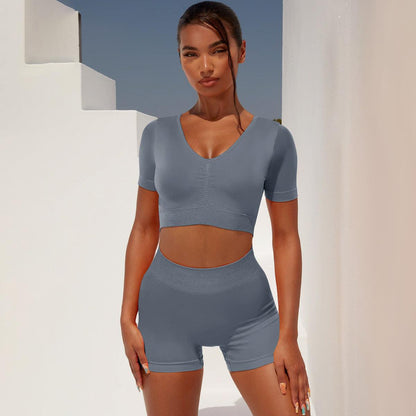 Sexy Seamless Tight Short Sleeve Shorts Yoga Suit - ForVanity Sports Sets