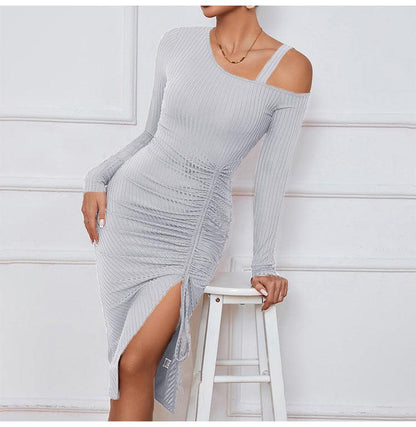 Elegant One-Shoulder Ruched Midi Dress: Sexy, Slimming, and Chic - ForVanity dress, party, Sweater Dress Knitted Dresses