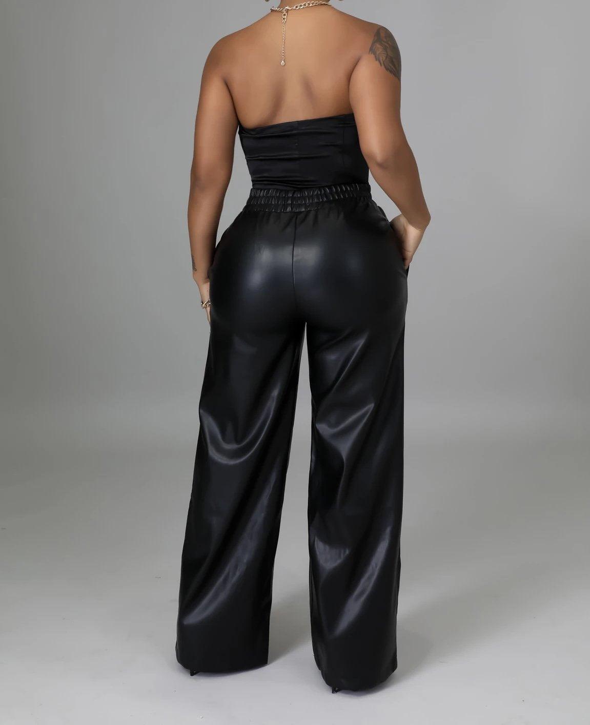 Solid Color High Rise Wide Leg Faux Leather Pants for Women - ForVanity pants & capris, women's clothing Pants