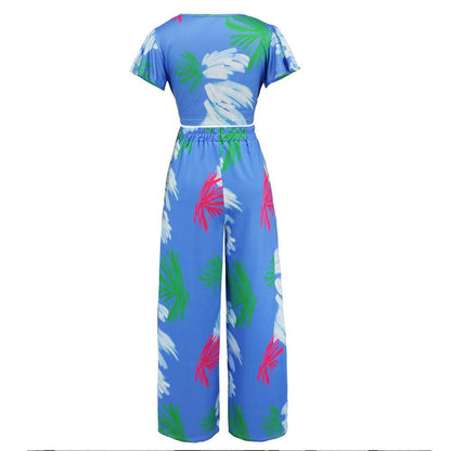 Summer Slimming Floral Two Piece Set with Ruffle and Belted Detail - ForVanity pant outfit, women's outfits Pants Outfits